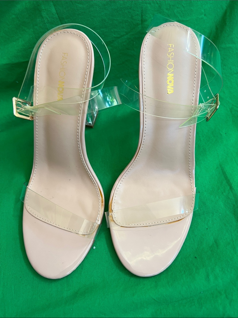 Fashion Nova Clear Ankle Straps Clear Block Heels with Gold Buckle
